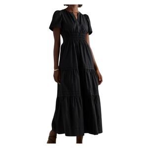 Quince Womens Black Poplin Tiered Cinched Waist Maxi Dress Size Small